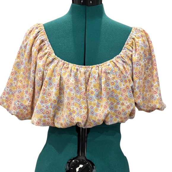 ZARA Printed Satin Effect Puff-Sleeve Off-The-Shoulder Crop Top Women’s Small - Picture 3 of 9